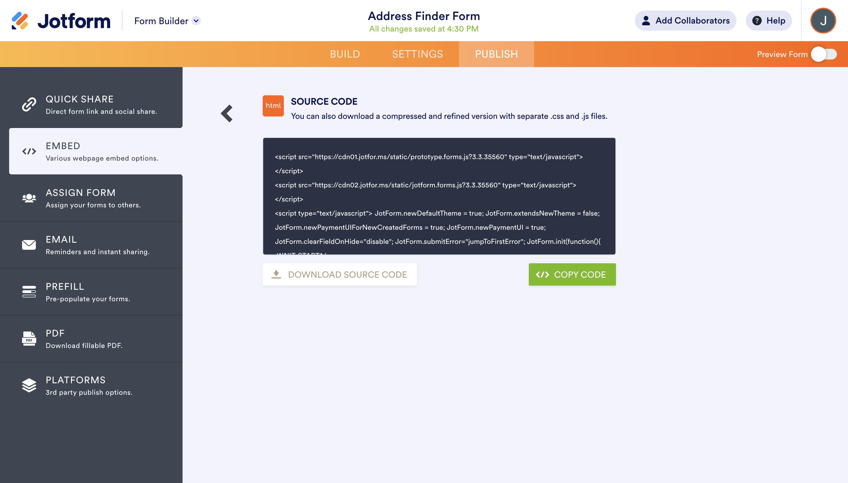 Jotform add Source Code Block