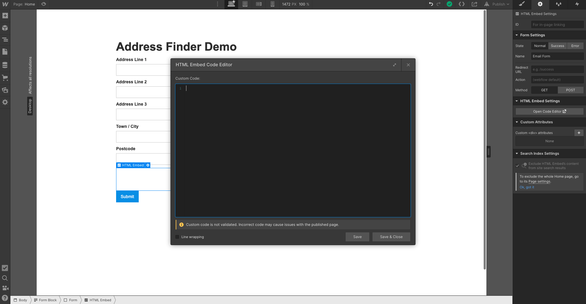 Webflow Integration Address Finder Script