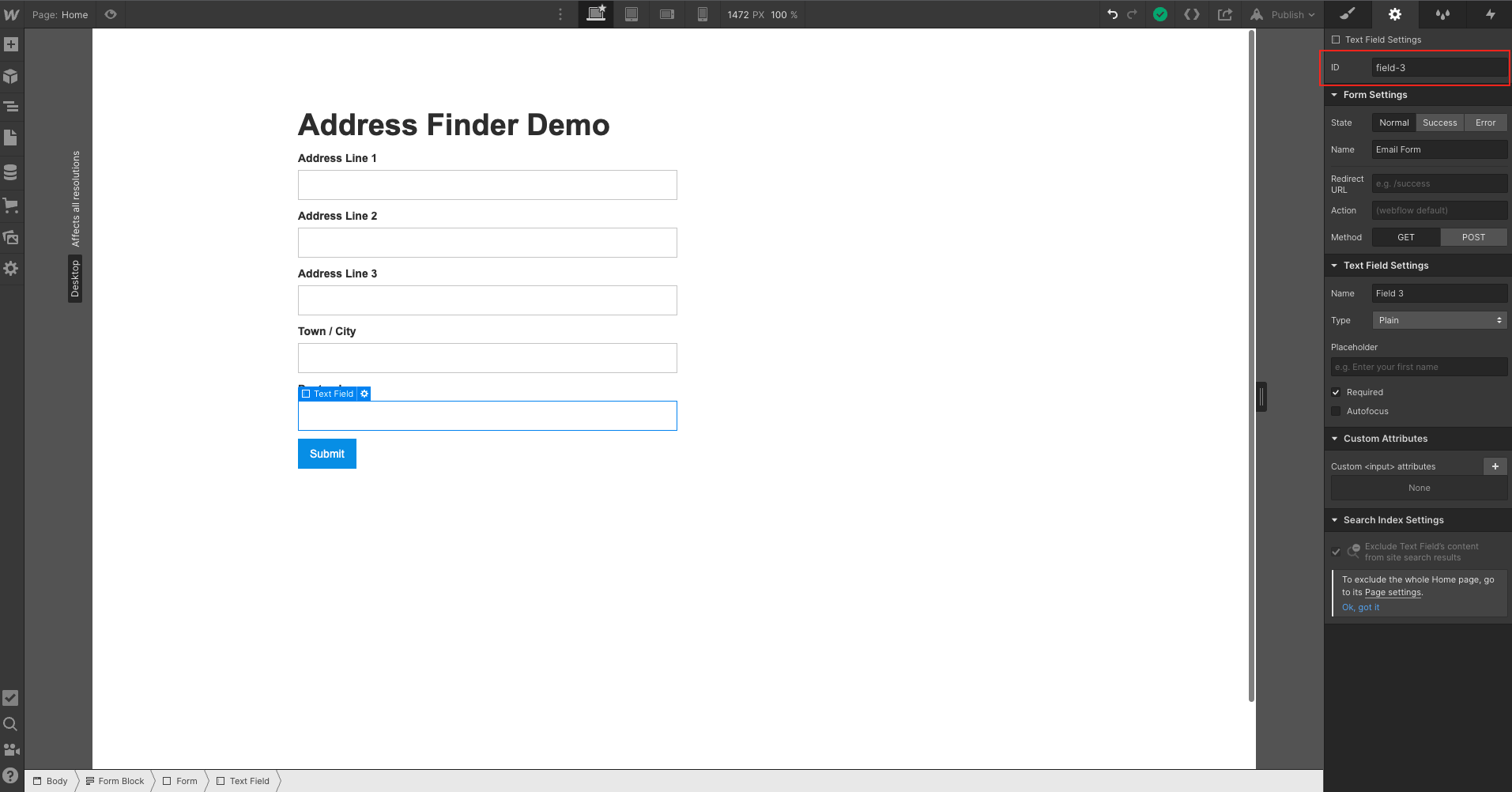 Webflow Integration Address Field IDs